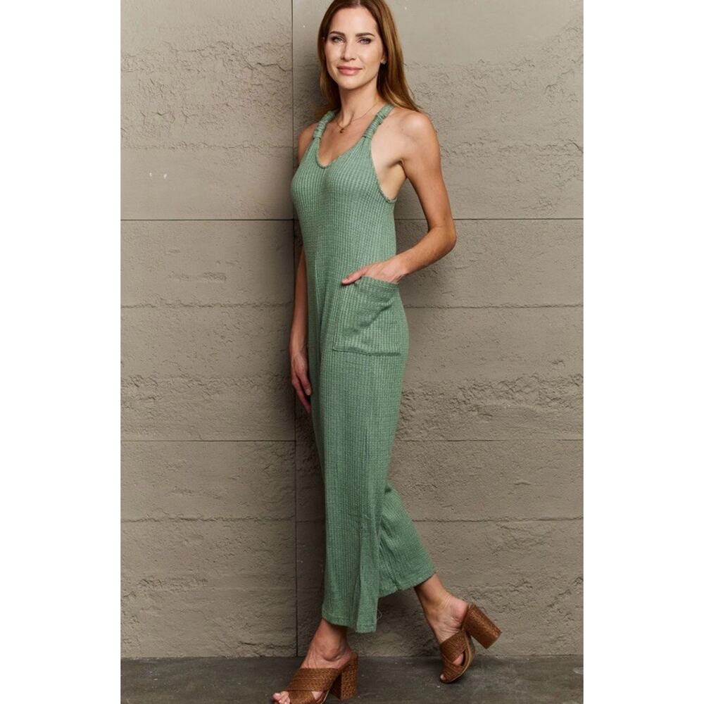 Heyson Rib Knit Dont Get It Twisted Sage Jumpsuit Minimalist Wide Leg Size Large